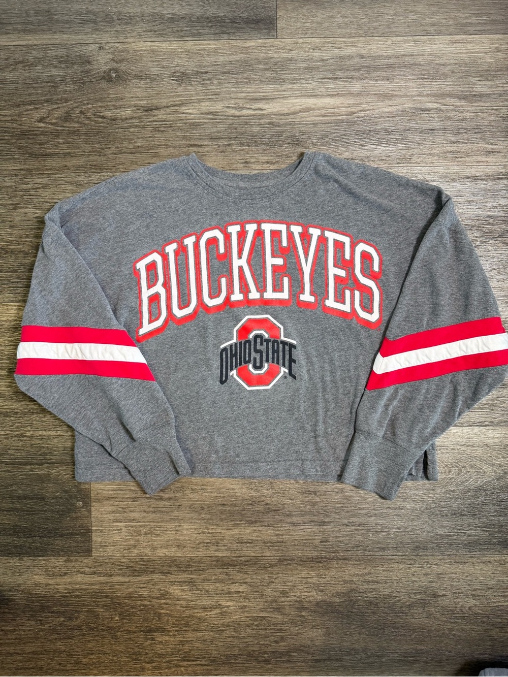 Rivalry Threads Gray Crewneck Sweater with Red Stripes
